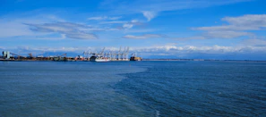 Wide shot of the port infrastructure with ships, cranes, and warehouses under a clear sky.