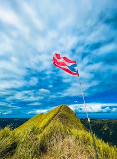 a red and white flag flying on a grassy hill