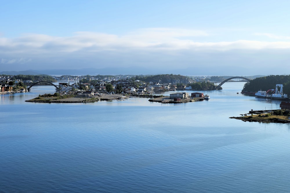 a body of water with buildings and trees around it