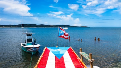 a flag on a boat in the water