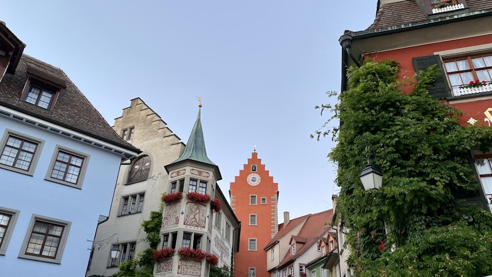 a group of buildings with a clock tower