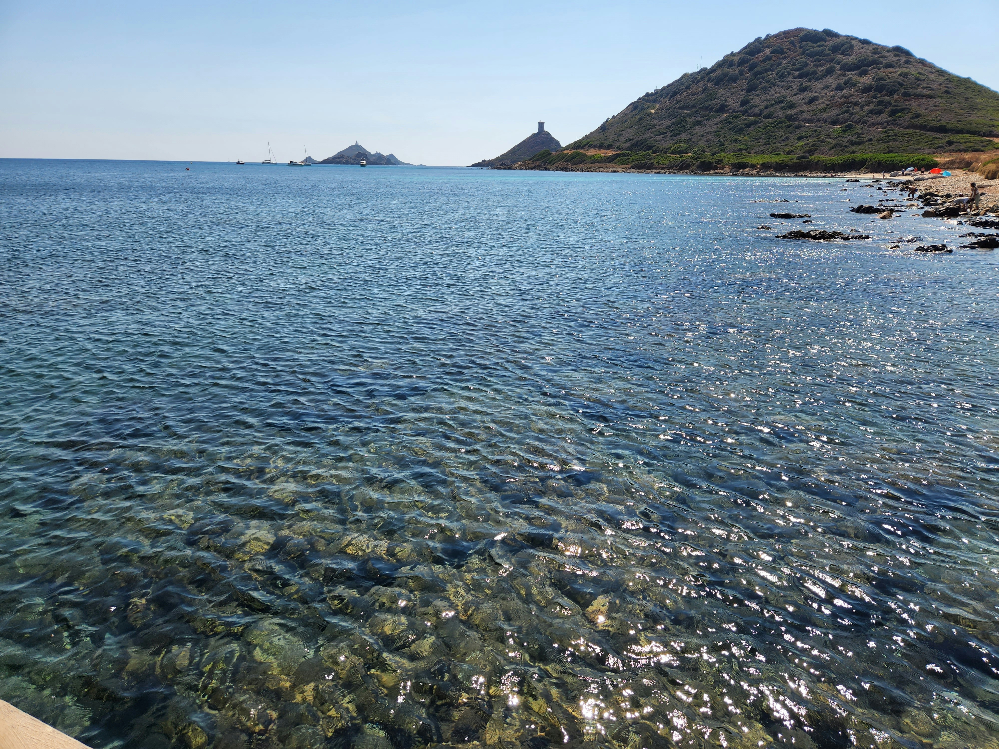 a rocky beach with a hill in the background