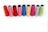 A row of nine spools of thread in various colors are arranged neatly on a plain white background. The colors of the threads include orange, pink, red, blue, yellow, magenta, gray, and green. Each spool is cylindrical with black tops and bottoms.