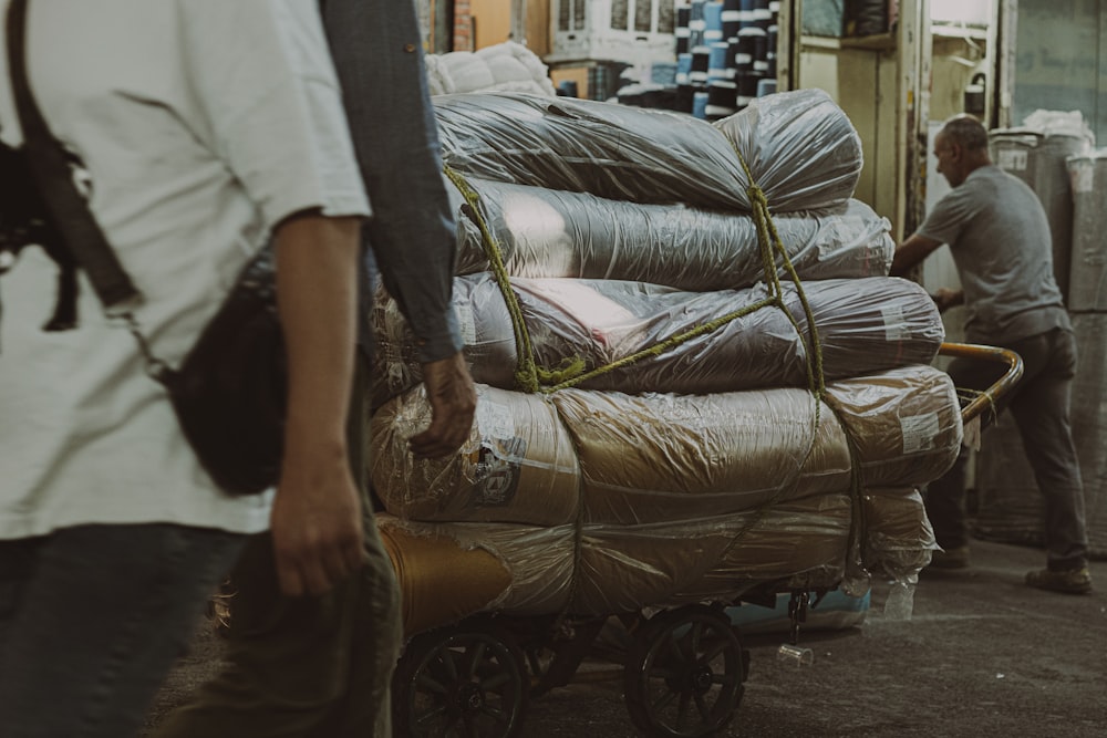 a person pushing a cart with a person in it