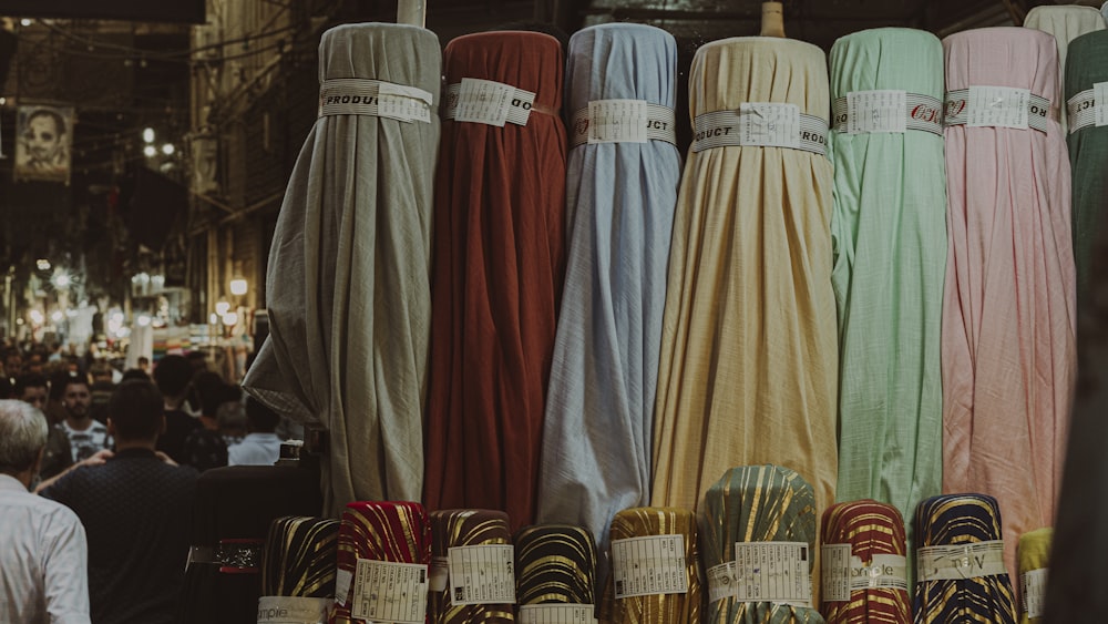 a group of clothing on display
