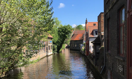 Canal de Bruges bordé de maisons de brique et de verdure