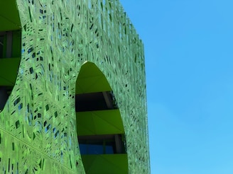 A modern building facade with intricate, abstract green patterns and geometric shapes. The design features a large arch and a combination of smooth and textured surfaces that create a dynamic visual effect under a clear blue sky.