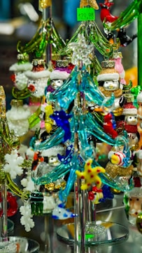 An artistic display of ornaments on a shelf.