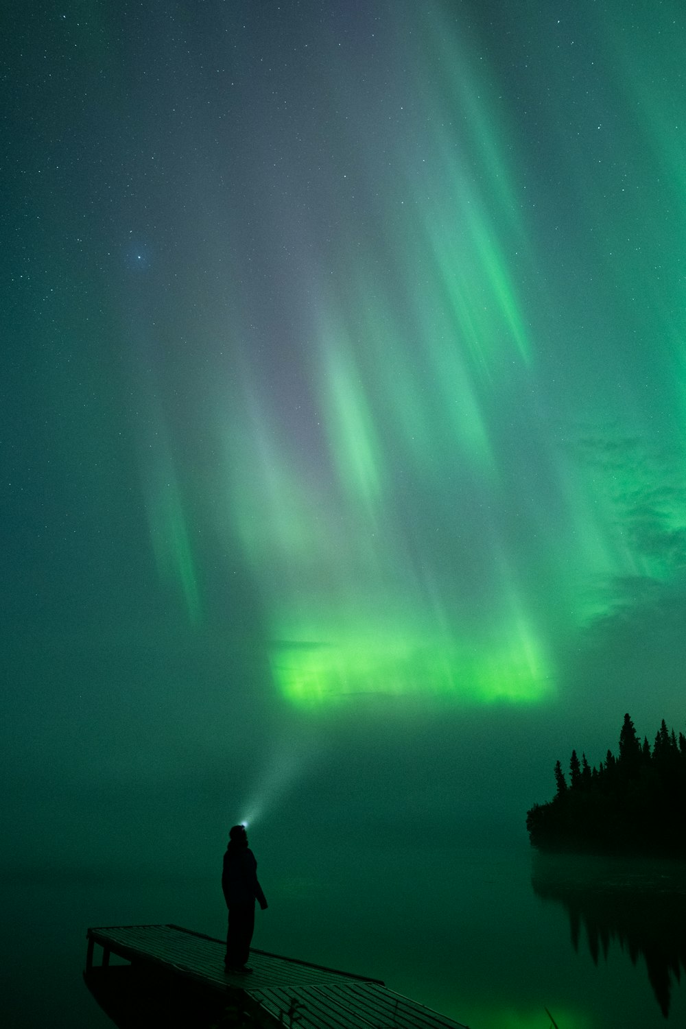 a person standing on a dock looking at the northern lights