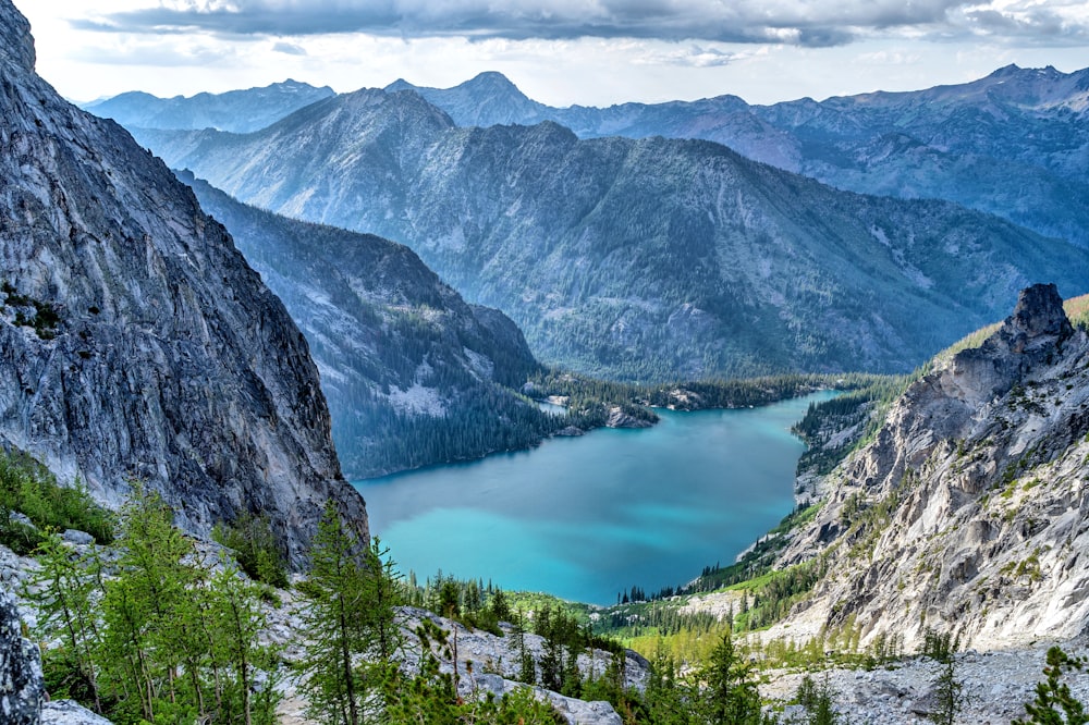 a lake surrounded by mountains