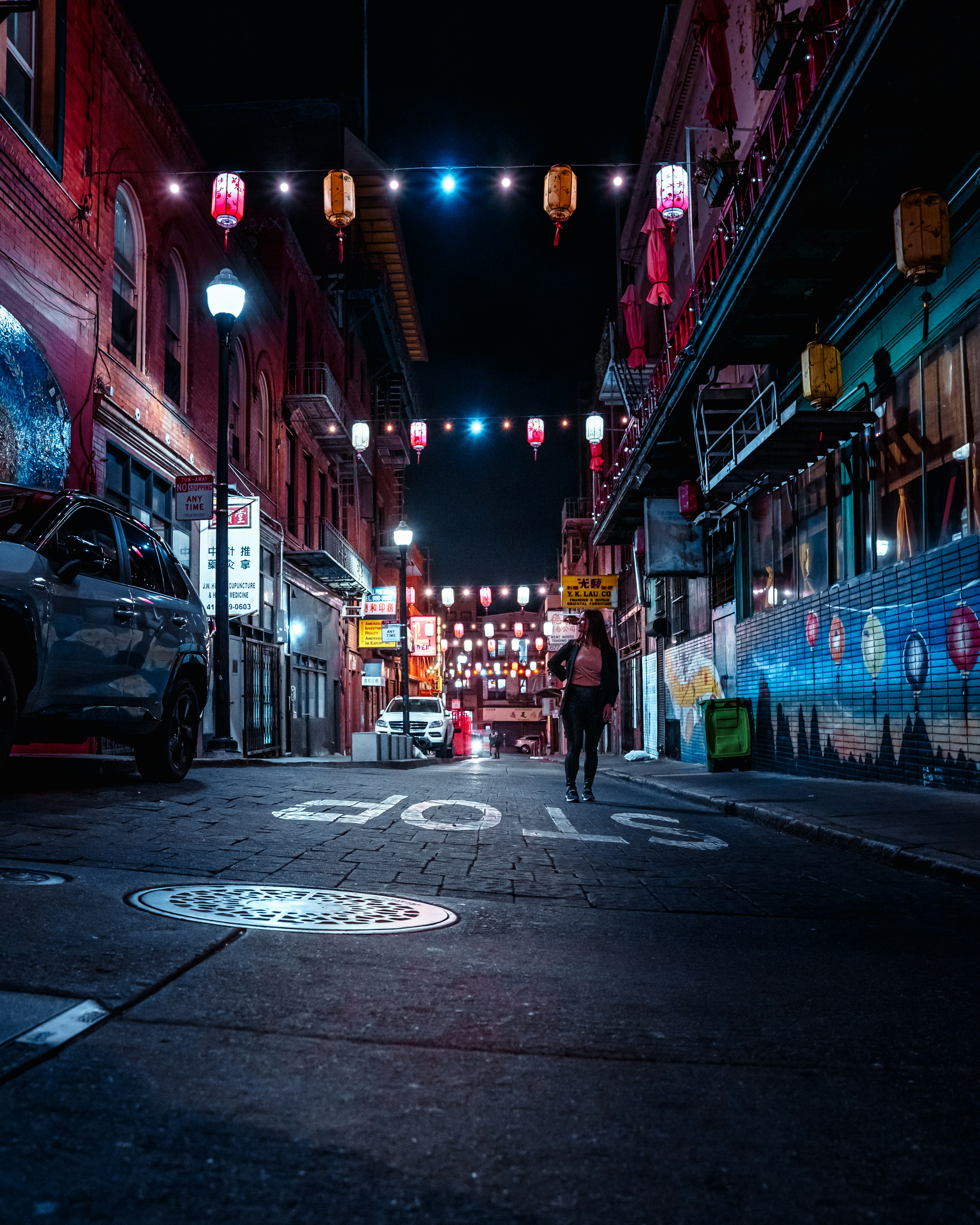 Incredible colorful aesthetic vibrant movie like film street life night photography in Chinatown San Francisco in alleyway