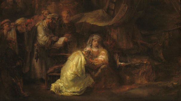 Full view of the historic intrauterine birth artwork with vivid colors and symbolic elements.