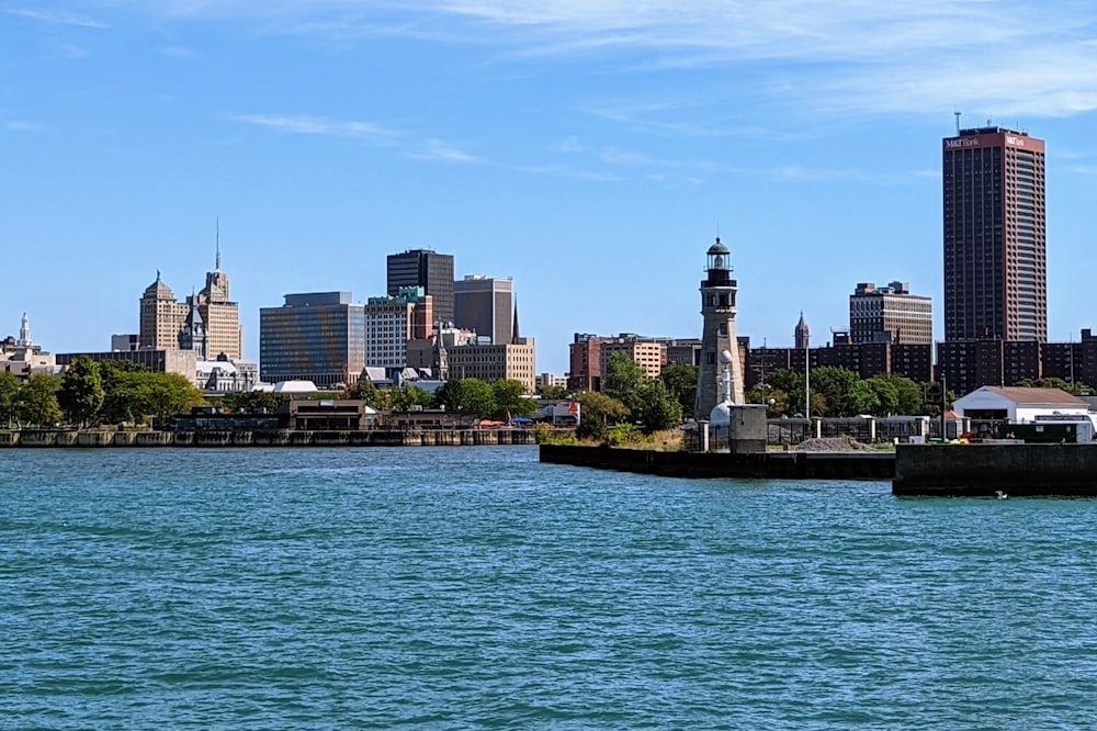 a body of water with a city in the background