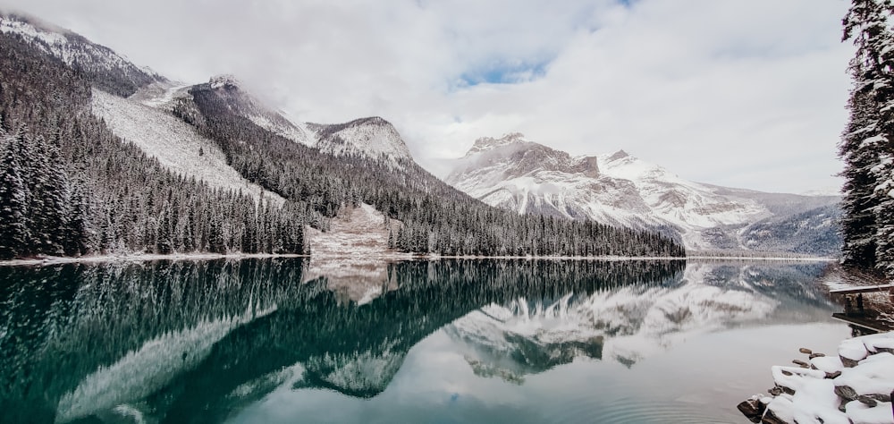 um lago cercado por montanhas cobertas de neve
