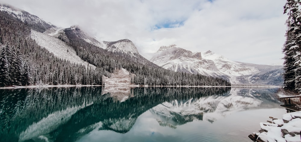 a lake surrounded by snow covered mountains