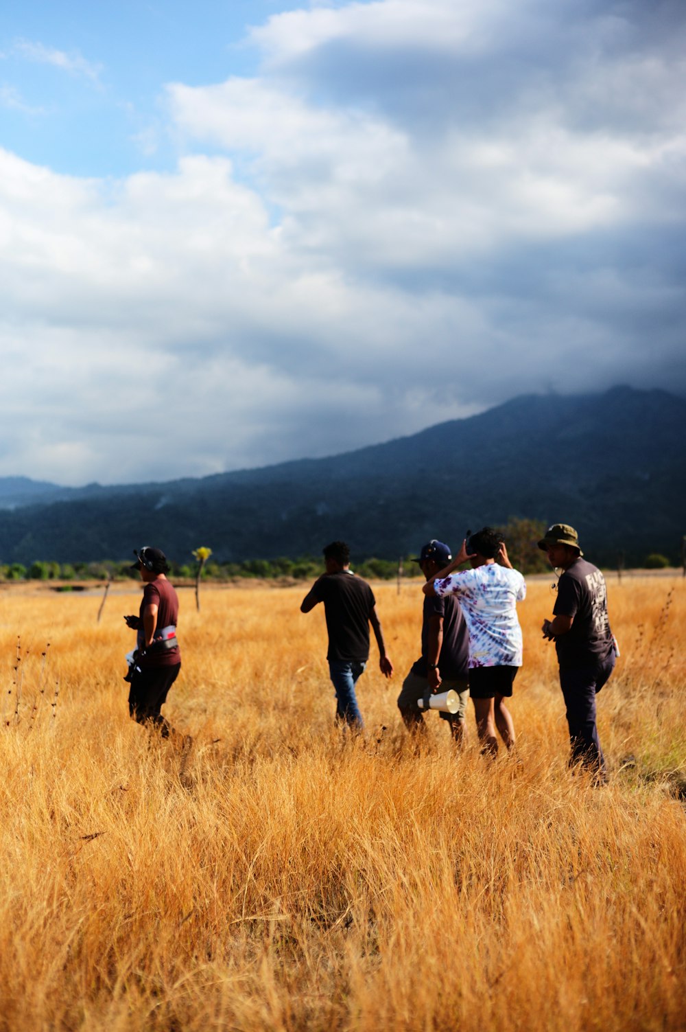 a group of people walking through a field