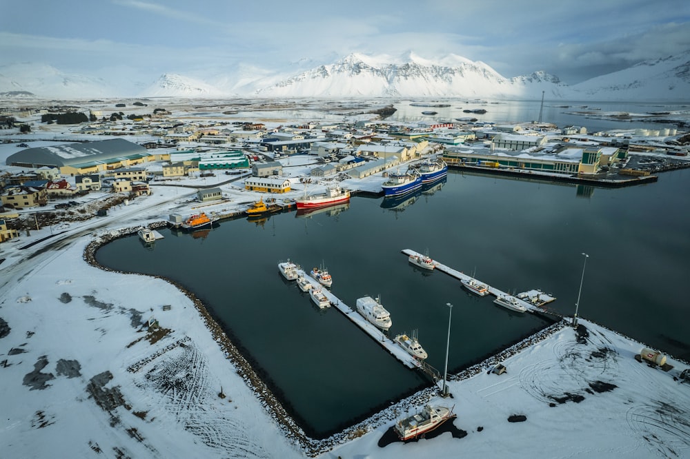 a large body of water with boats in it and a snowy mountain in the background