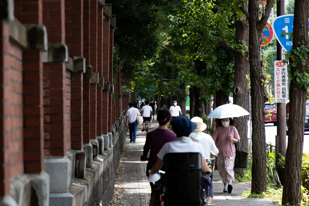 people walking down a sidewalk