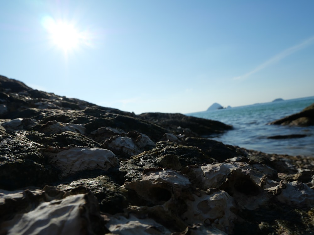 a rocky beach with the sun shining