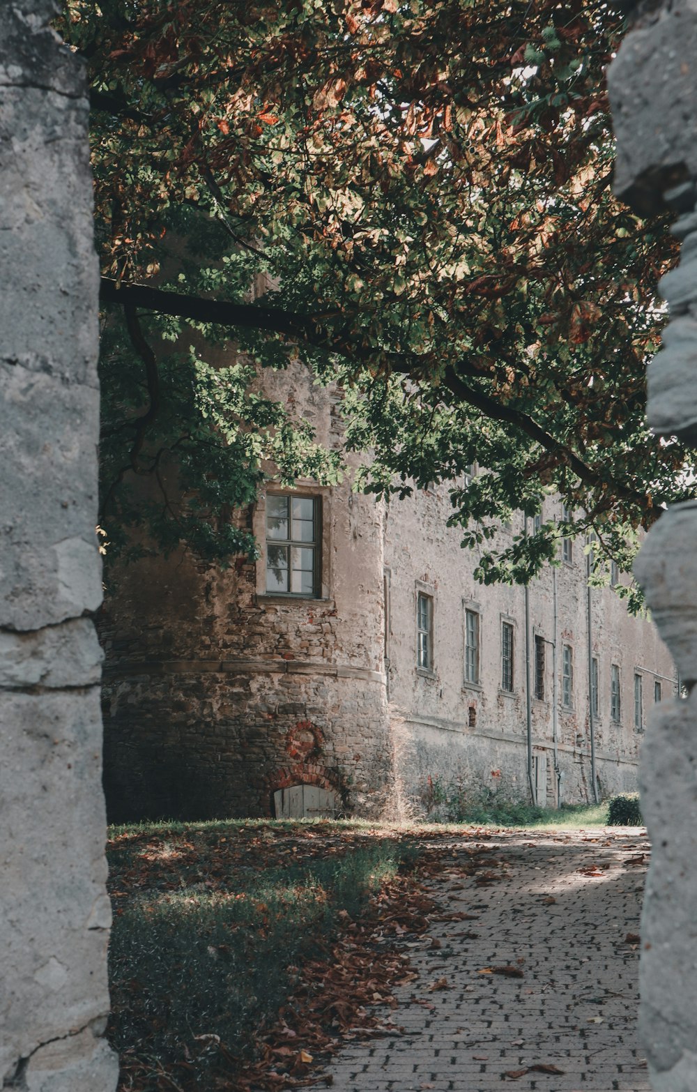 a stone building with a tree in front of it