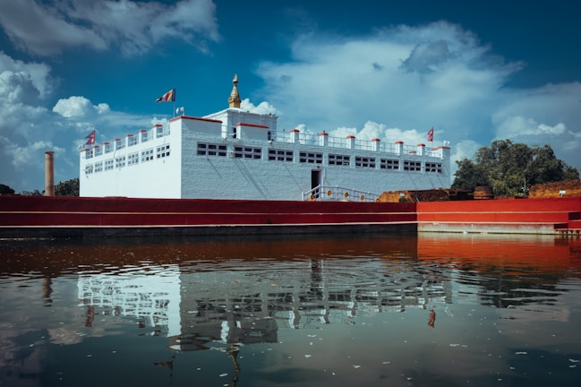 a large red and white boat