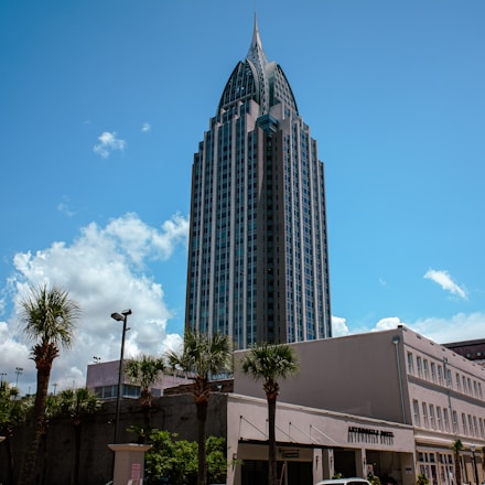 A tall, modern skyscraper with a pointed roof piercing the clear blue sky. In the foreground, several palm trees line the street and a smaller building stands nearby with a sign reading 'Arthur R. Outlaw Convention Center'. Fluffy white clouds dot the otherwise clear sky.