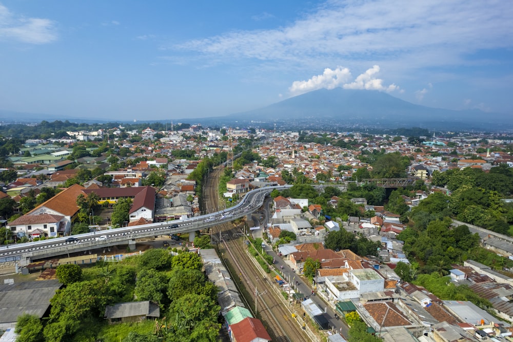 a city with a bridge and buildings