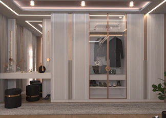 a room with a tv and shelves