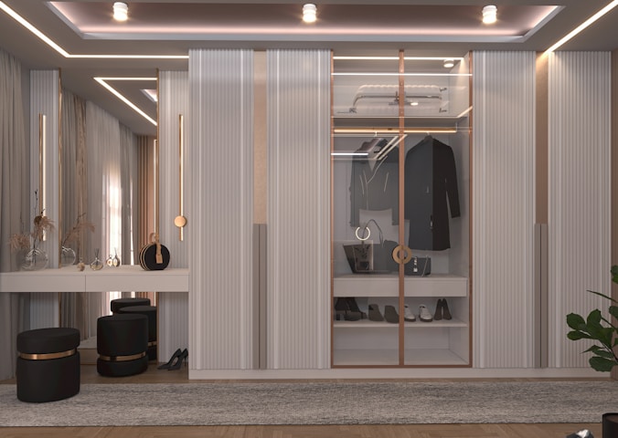 a room with a tv and shelves