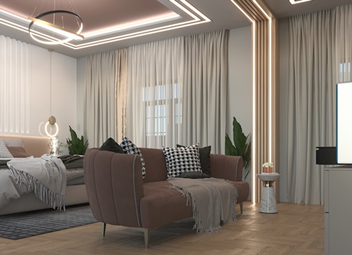 a living room with a couch and a table