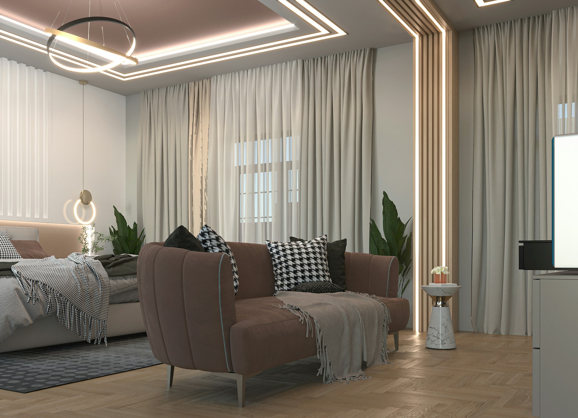 a living room with a couch and a table