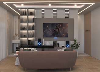 a living room with a large screen