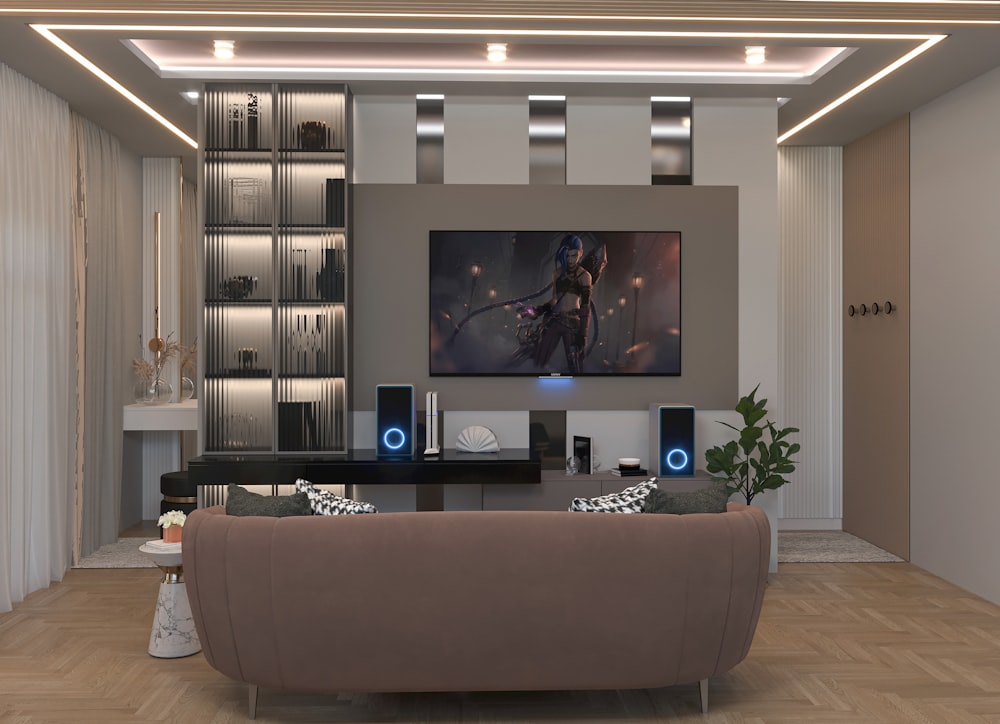 a living room with a large screen