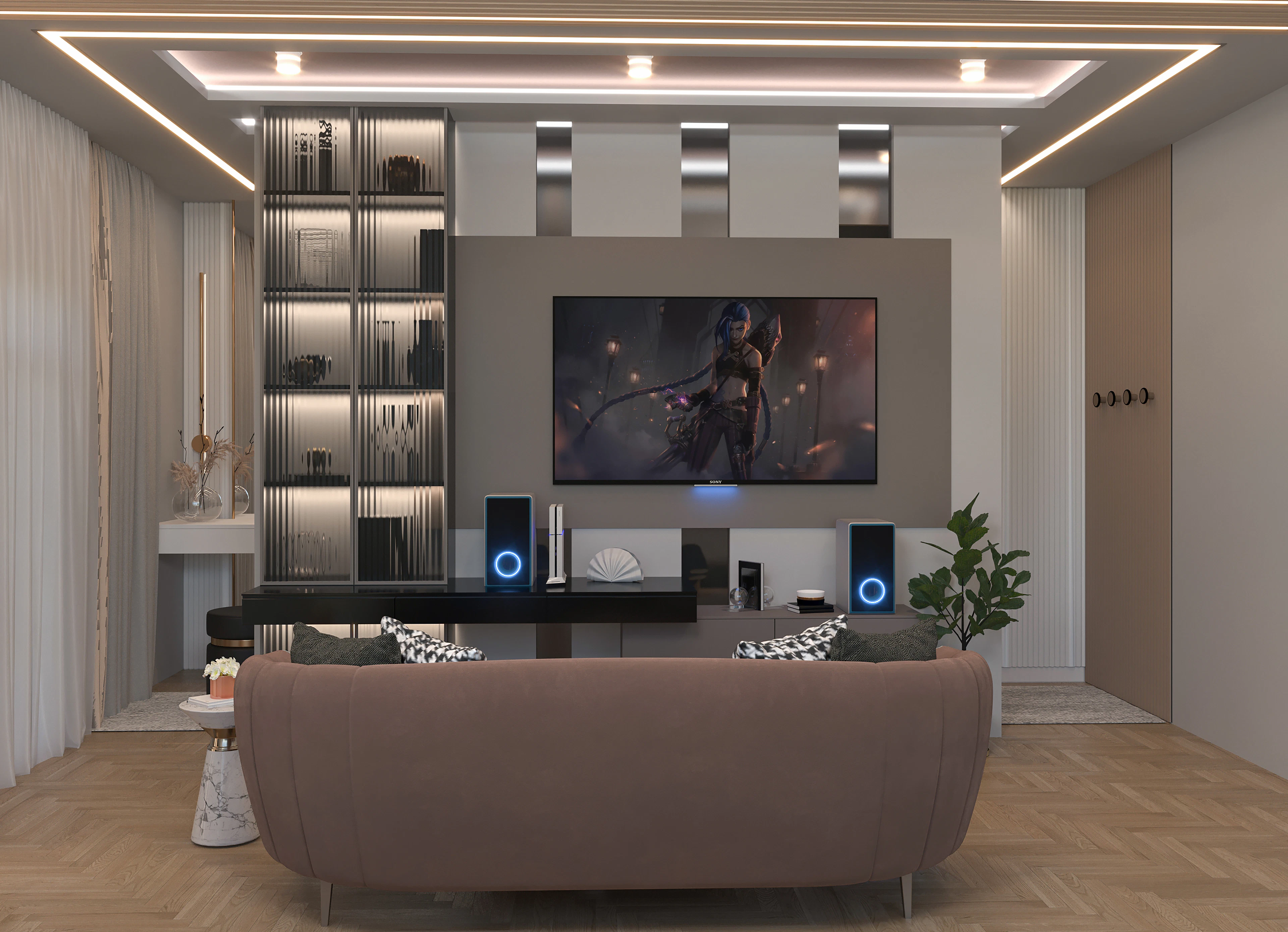 Very large TV screen mounted in a spacious living room
