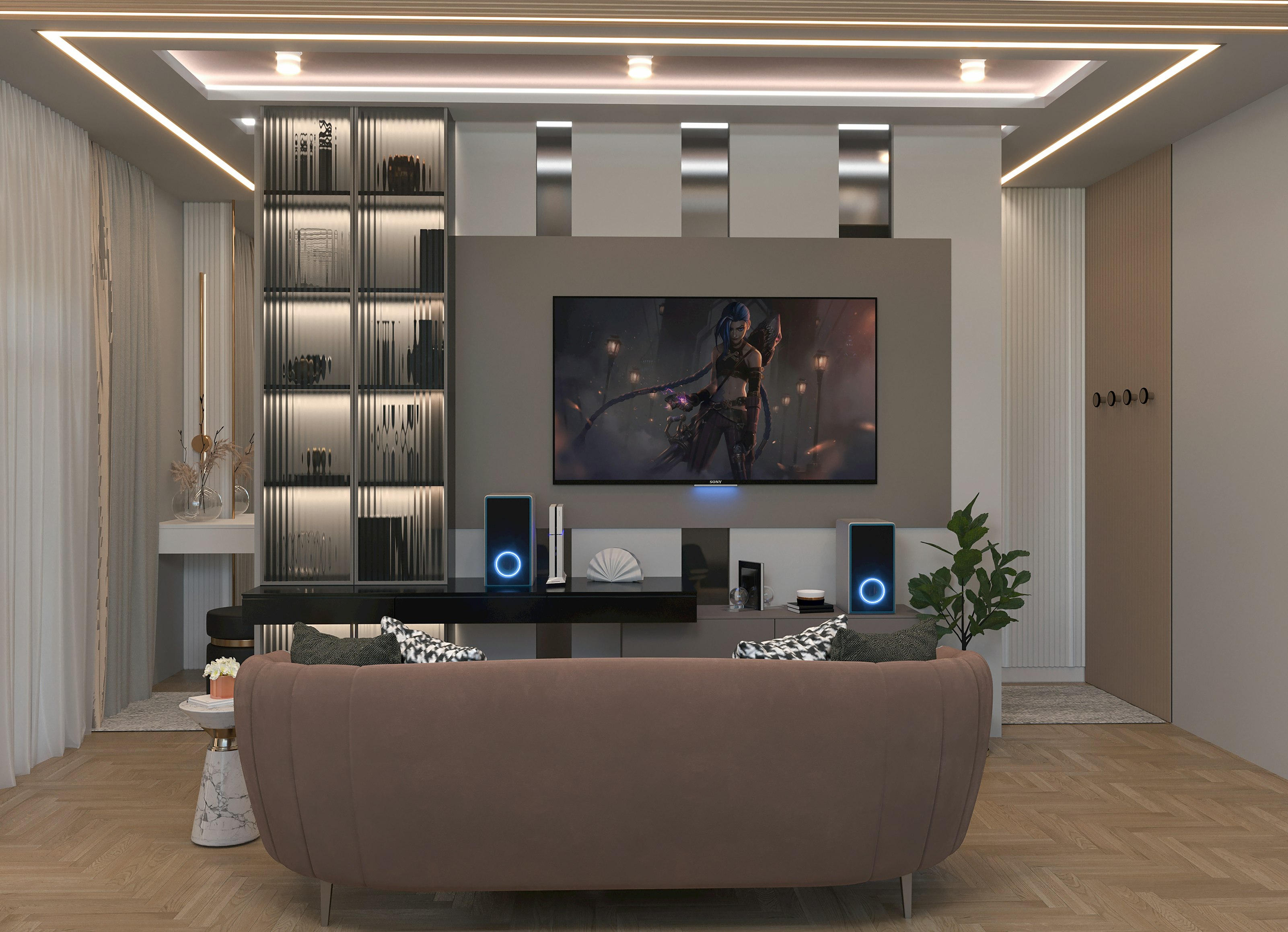 Modern living room with integrated speakers and ambient lighting