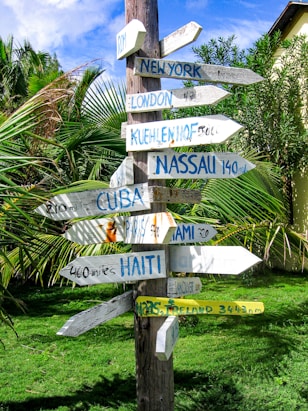 a wooden post with signs on it