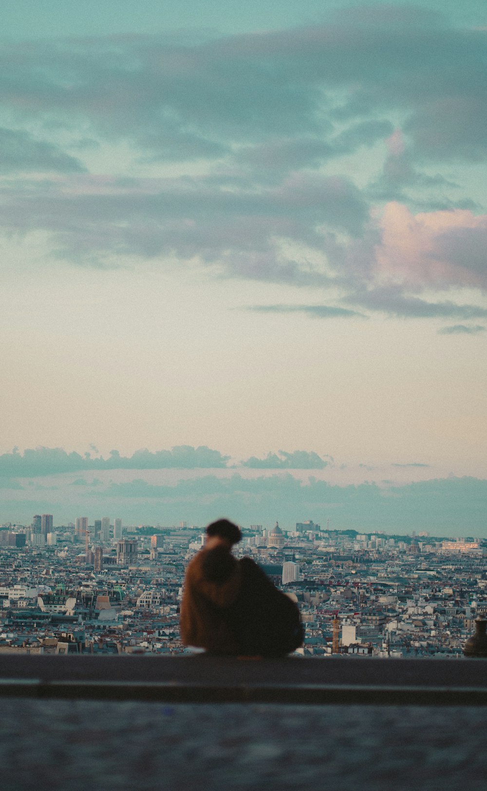 a person sitting on a ledge overlooking a city