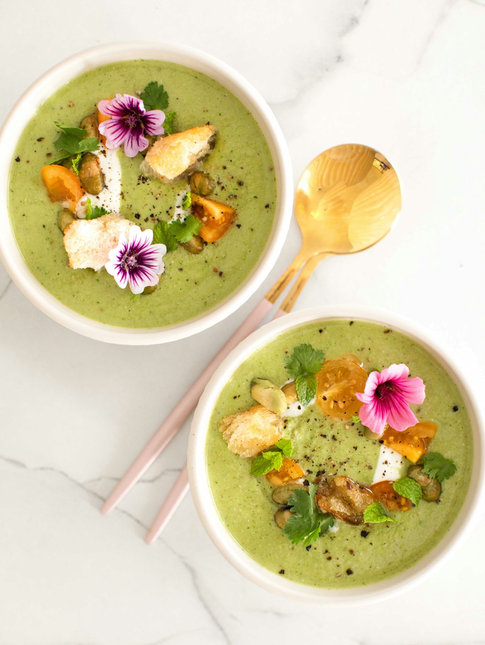 a bowl of soup with a spoon