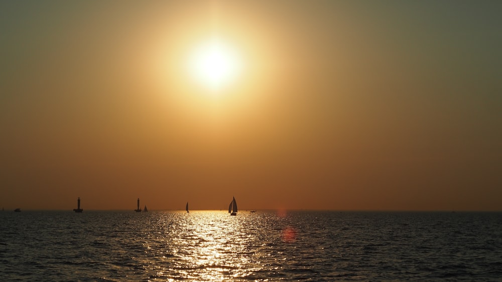 a group of sailboats on the water during sunset