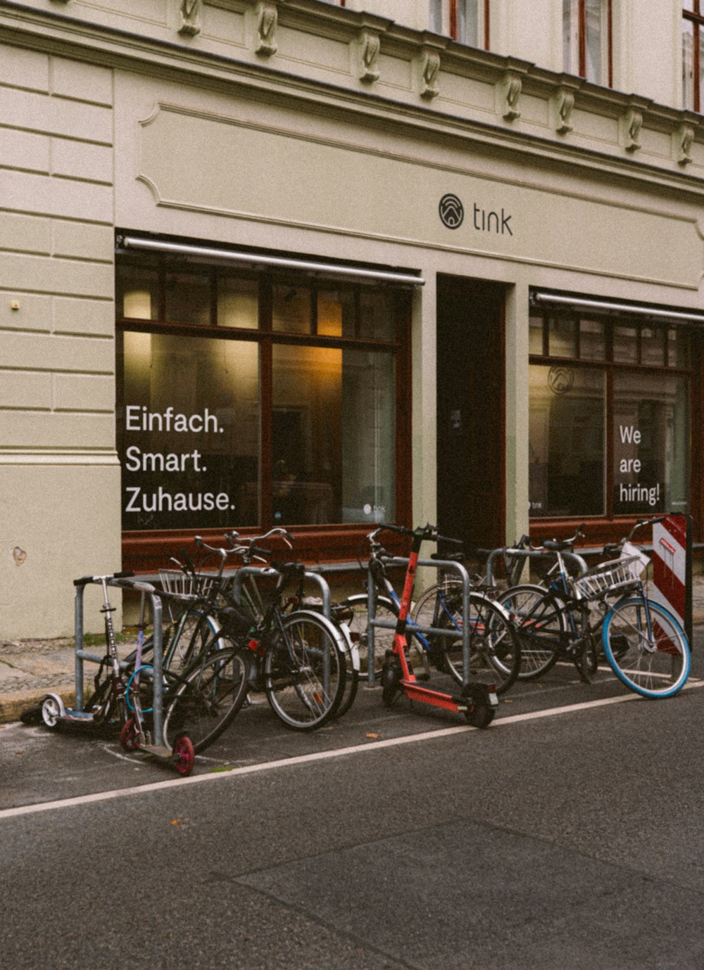 a bicycle parked in front of a building