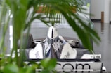 A Formula 1 race car is positioned indoors, partially obscured by green plant leaves in the foreground. The car features prominent branding and a sleek, aerodynamic design.