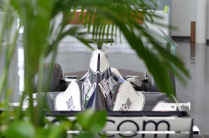 A Formula 1 race car is positioned indoors, partially obscured by green plant leaves in the foreground. The car features prominent branding and a sleek, aerodynamic design.
