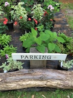 A variety of potted plants with lush green foliage and colorful flowers are arranged on a black fabric ground covering. A wooden log serves as a barrier in the foreground, while a rustic sign labeled 'Parking' is set among the plants on a wooden post.