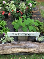 A variety of potted plants with lush green foliage and colorful flowers are arranged on a black fabric ground covering. A wooden log serves as a barrier in the foreground, while a rustic sign labeled 'Parking' is set among the plants on a wooden post.