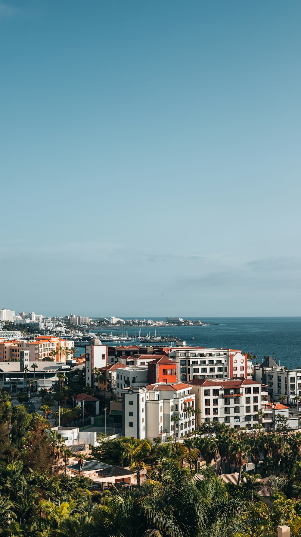 a city with a body of water in the background