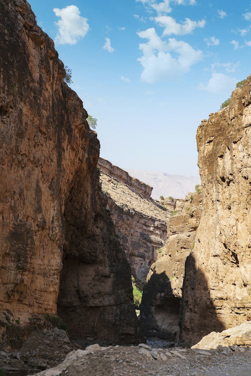 a canyon with a few people walking through it