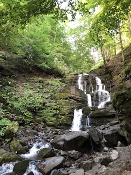 A serene waterfall cascades down moss-covered rocks surrounded by lush green forest. Sunlight filters through the dense canopy, casting dappled shadows on the stones. The water flows in multiple streams, creating a gentle, calming sound.