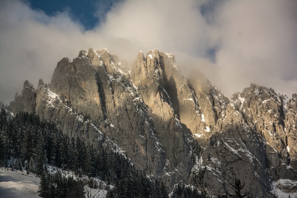 a snowy mountain with trees