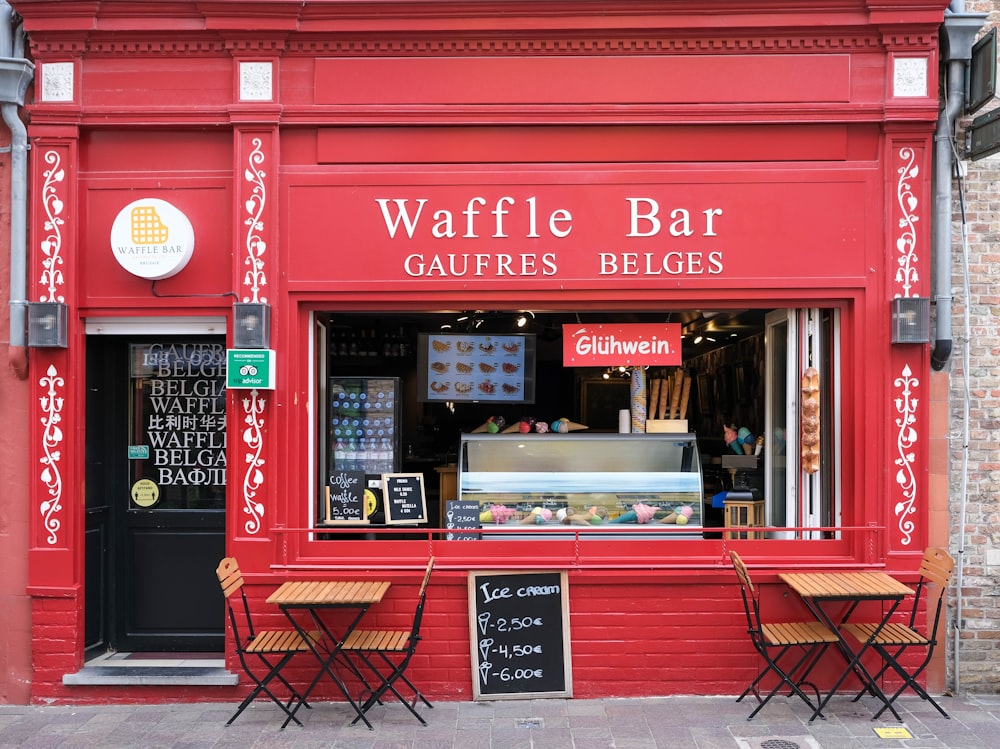 a restaurant with a red exterior