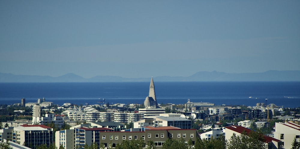 a city with a body of water in the background